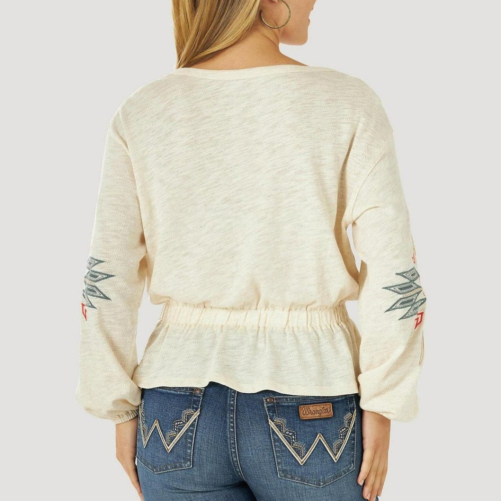 Wrangler Retro Peplum Top Oatmeal Southwestern Embroidery Boho Cotton Size L - Picture 2 of 11